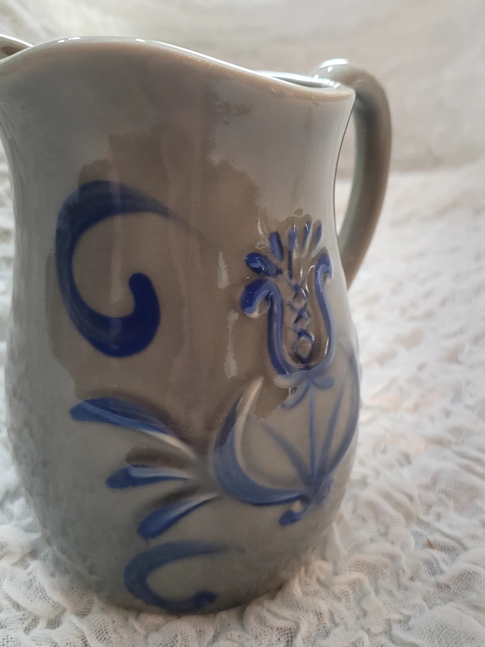 Vintage Inarco Stoneware Cand-Painted Blue and Cream Ceramic Pitcher - Home Art